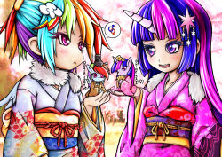 Rule 34 | 2girls, :t, blue eyes, blunt bangs, blush, child, female focus, hair ornament, happy, hinamatsuri, horns, japanese clothes, kimono, long hair, looking at another, multicolored eyes, multicolored hair, multiple girls, my little pony, my little pony: friendship is magic, parted lips, personification, pink eyes, pink hair, purple eyes, purple hair, rainbow dash, rainbow hair, sakura, sidelocks, single horn, skyshek, smile, toy, twilight sparkle, two-tone hair