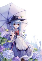 Rule 34 | 1girl, artist name, blue hair, bow, dated, dress, feet out of frame, flower, food, frilled skirt, frills, frown, fruit, hair between eyes, hand on own knee, hat, highres, hinanawi tenshi, holding, holding umbrella, hydrangea, knees up, layered dress, leaf, ling mou, long hair, looking at viewer, peach, puffy short sleeves, puffy sleeves, red bow, red eyes, short sleeves, simple background, sitting, skirt, solo, touhou, umbrella, wet, wet clothes, wet hair, white background