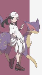 Rule 34 | 1girl, absurdres, air max 95, alternate costume, asymmetrical bangs, baseball cap, black hair, cellphone, closed mouth, commentary request, creatures (company), eyelashes, game freak, gen 5 pokemon, green eyes, hair ribbon, hat, highres, holding, holding phone, liepard, long hair, looking to the side, marnie (pokemon), nike (company), nike air max 95, nintendo, odd (hin yari), oversized clothes, oversized shirt, phone, pokemon, pokemon (creature), pokemon swsh, red ribbon, ribbon, shirt, shoes, short sleeves, shorts, side slit, side slit shorts, sneakers, socks, standing, white headwear, white shirt, white shorts, wristband
