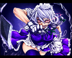 Rule 34 | 1girl, blade, braid, breasts, cleavage, colorized, embodiment of scarlet devil, female focus, frills, gloves, glowing, glowing eyes, headdress, impossible clothes, impossible shirt, izayoi sakuya, large breasts, ledjoker07, letterboxed, maid, pocket watch, red eyes, shirt, silver hair, solo, thighhighs, touhou, uousa-ou, watch, zettai ryouiki