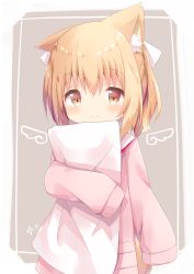 Rule 34 | 1girl, absurdres, animal ear fluff, animal ears, blush, brown eyes, closed mouth, commentary request, drawn wings, grey background, hair between eyes, hair ribbon, highres, light brown hair, long sleeves, looking at viewer, nakkar, hugging object, original, pillow, pillow hug, pink sweater, ribbon, sailor collar, sleeves past fingers, sleeves past wrists, smile, solo, sparkle, sweater, tail, two-tone background, upper body, white background, white ribbon, white sailor collar