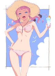 Rule 34 | 1girl, absurdres, armpits, bikini, bird, blue eyes, blush, bow, breasts, cloud, cloudy sky, collarbone, commentary, cowboy shot, cup, drink, drinking straw, food, from below, fruit, hand on own hip, hat, hat bow, highres, holding, holding cup, kakitama, looking at viewer, navel, open mouth, orange (fruit), orange slice, original, pink bikini, pink hair, pink nails, shadow, side-tie bikini bottom, sky, small breasts, straw hat, striped bikini, striped clothes, swimsuit, teeth, twintails, upper teeth only, wind