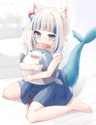 Rule 34 | 1girl, animal ears, artist request, barefoot, bloop (gawr gura), blue eyes, blue hair, blunt bangs, blush, casual, cat ears, couch, dice hair ornament, dress, fins, fish tail, gawr gura, gawr gura (casual), hair ornament, highres, hololive, hololive english, hugging object, long hair, looking at viewer, multicolored hair, pout, shark tail, side ponytail, streaked hair, tail, two-tone hair, virtual youtuber, white hair