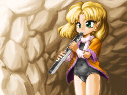 Rule 34 | 1girl, arm warmers, black one-piece swimsuit, blonde hair, electric wind instrument, female focus, green eyes, instrument, jacket, mizuhashi parsee, no pants, one-piece swimsuit, open clothes, open jacket, pointy ears, scarf, school swimsuit, solo, swimsuit, swimsuit under clothes, touhou, winn