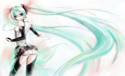 Rule 34 | 1girl, aqua eyes, aqua hair, ass, belt, bridal gauntlets, detached sleeves, female focus, fingerless gloves, gloves, gradient background, hatsune miku, hatsune miku (append), highres, long hair, looking back, musclecar, necktie, simple background, smile, solo, thighhighs, twintails, very long hair, vocaloid, vocaloid append, white background, zettai ryouiki