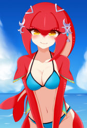Rule 34 | 1girl, ayatori (aytr), bikini, blue bikini, blue sky, blush, breasts, cleavage, closed mouth, cloud, collarbone, colored skin, commentary request, cowboy shot, day, fish girl, highres, horizon, looking at viewer, medium breasts, mipha, monster girl, navel, nintendo, ocean, red skin, sky, smile, solo, stomach, swimsuit, the legend of zelda, the legend of zelda: breath of the wild, water, yellow eyes, zora