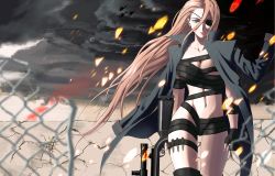 Rule 34 | 1girl, absurdres, aircraft, armband, black gloves, black thighhighs, blue eyes, bolt action, breasts, broken, brown hair, chain-link fence, character request, cleavage, closed mouth, cloud, collarbone, copyright request, embers, expressionless, eyebrows, eyepatch, facing viewer, female focus, fence, fingerless gloves, fingernails, floating hair, gloves, grey sky, groin, gun, hair between eyes, helicopter, highres, holding, holding gun, holding weapon, huge filesize, jacket, jacket on shoulders, large breasts, linea alba, lips, long hair, looking at viewer, mueririko, navel, open clothes, outdoors, personification, remington model 700, rifle, sarashi, sky, sniper rifle, solo, standing, thigh gap, thigh strap, thighhighs, very long hair, weapon