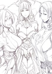 Rule 34 | 10s, 3girls, ahoge, bodysuit, breasts, carmilla (fate), cleavage, coat, curly hair, fate/extra, fate/grand order, fate (series), fingernails, francis drake (fate), greyscale, half-closed eyes, hand on own hip, highres, long fingernails, long hair, minamoto no raikou (fate), monochrome, multiple girls, nakamura regura, open mouth, panties, pants, scar, sharp fingernails, smile, tabard, underwear