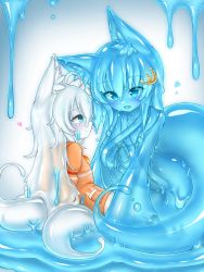 Rule 34 | 2girls, animal ear fluff, animal ears, blue hair, blue sclera, blue skin, blush, cleavage cutout, closed mouth, clothing cutout, colored sclera, colored skin, criss-cross halter, curss, eye contact, fox ears, fox tail, halterneck, highres, long hair, long sleeves, looking at another, melting, monster girl, multiple girls, multiple tails, orange shirt, original, shirt, slime girl, smile, tail, white hair, white skin, wide sleeves, yuri