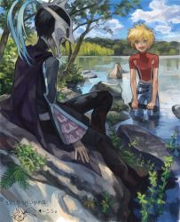 Rule 34 | 2boys, :d, bad drawr id, bad id, black hair, blonde hair, blue eyes, cape, day, drawr, from behind, hidden face, judas (tales), kyle dunamis, looking at another, male focus, mask, multiple boys, nature, nishihara isao, oekaki, open mouth, outdoors, partially undressed, red shirt, shirt, short hair, sitting, sky, smile, tales of (series), tales of destiny 2, translation request, wading, water