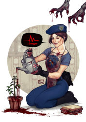 Rule 34 | 1girl, ;d, apron, beret, blood, blood on clothes, blood on face, blood on hands, boots, darkdux, english text, fanny pack, fingerless gloves, flower pot, food, gloves, hat, jill valentine, lips, looking at viewer, one eye closed, open mouth, out of frame, pants, plant, police, resident evil, resident evil 1, sandwich, seiza, shirt, short hair, sitting, smile, solo focus, t-shirt, umbrella corporation (logo), watering can, zombie