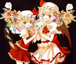 Rule 34 | 2girls, adapted costume, alternate hair color, ascot, bad id, bad pixiv id, bare shoulders, bat wings, blonde hair, brooch, cierra (ra-bit), crystal, curly hair, detached sleeves, fang, female focus, flandre scarlet, floral background, flower, frills, hat, hat ribbon, jewelry, multiple girls, nail polish, open mouth, puffy sleeves, ra-bit, red eyes, remilia scarlet, ribbon, short hair, short sleeves, siblings, side ponytail, silver hair, sisters, skirt, skirt set, skull, touhou, wings