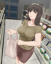 Rule 34 | 1girl, bag, black hair, blush, breasts, brown eyes, brown skirt, collarbone, girls und panzer, highres, huaronanago, indoors, jewelry, large breasts, long hair, looking at viewer, nishizumi shiho, open mouth, ring, shopping bag, skirt, solo, supermarket