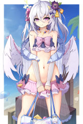 Rule 34 | 1girl, absurdres, azusa (blue archive), azusa (swimsuit) (blue archive), bead necklace, beads, bikini, bikini skirt, blue archive, blurry, blurry background, crossed bangs, feathered wings, floating hair, flower, frilled bikini, frills, full body, hair between eyes, hair flower, hair ornament, hair ribbon, halo, highres, jewelry, knees together feet apart, long hair, looking at viewer, midriff, multicolored bikini, multicolored clothes, navel, necklace, pink eyes, platform footwear, purple flower, ribbon, sandals, simple background, solo, strapless, strapless bikini, swimsuit, user gzus8432, wedge heels, white background, white hair, white wings, wings