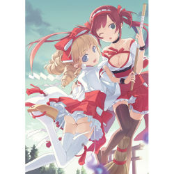 Rule 34 | 00s, 2girls, adapted uniform, airi (queen&#039;s blade), airi (queen's blade), airi (the infernal temptress), ass, black choker, blonde hair, blue eyes, blurry, bow, breasts, broom, brown legwear, choker, cleavage, cloud, depth of field, drill hair, facing viewer, fang, geta, green eyes, h2so4, hairband, iron princess ymir, japanese clothes, lace, legs, looking at viewer, looking back, medium breasts, miko, multiple girls, nontraditional miko, outdoors, panties, pantyshot, queen&#039;s blade, red hair, ribbon, shrine, skirt, sky, smile, standing, tassel, thighhighs, torii, tree, twintails, underwear, white frills, white legwear, white panties, white theme, ymir (queen&#039;s blade), ymir (queen's blade), zettai ryouiki