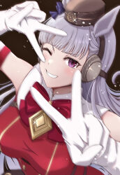 Rule 34 | 1girl, animal ears, arm up, bare shoulders, blush, brown headwear, buttons, commentary request, double-breasted, double v, dress, elbow gloves, gloves, gold ship (umamusume), grey hair, grin, highres, horse ears, horse girl, long hair, mino (mii mt), one eye closed, pillbox hat, purple eyes, red dress, sleeveless, sleeveless dress, smile, solo, teeth, umamusume, upper body, v, white gloves