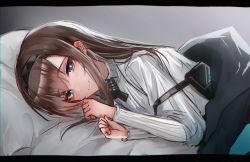 Rule 34 | 1girl, arknights, bed sheet, black hairband, black ribbon, blanket, blush, bright pupils, brown hair, closed mouth, gradient background, grey background, grey sweater, hairband, highres, kaguura (kagu), letterboxed, long hair, looking at viewer, lying, neck ribbon, on bed, on side, pouch, priestess (arknights), purple eyes, ribbon, smile, solo, sweater, under covers, upper body