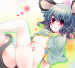 Rule 34 | 1girl, animal ears, bad id, bad pixiv id, blush, breasts, female focus, gradient background, grey hair, jewelry, medium breasts, mouse ears, mouse tail, nazrin, pendant, red eyes, sanada nako, short hair, solo, tail, thighhighs, touhou, white thighhighs