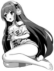 Rule 34 | 1girl, ass, azur lane, bare shoulders, breasts, cleavage, collarbone, greyscale, headphones, hori (hori no su), kneehighs, large breasts, long hair, long island (azur lane), long island (long island - indoor slacker) (azur lane), looking to the side, monochrome, simple background, single kneehigh, single sock, socks, solo, striped clothes, striped socks, white background