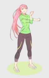 Rule 34 | 1girl, akashi (kancolle), alternate costume, alternate hairstyle, black pants, exercising, full body, green sweater, grey background, highres, hood, hooded sweater, hoodie, kantai collection, leggings, long hair, looking at viewer, pants, pink hair, ponytail, shoes, simple background, sneakers, solo, standing, stretching, sweater, tongue, tongue out, yellow eyes, yoga pants, yuuji (and)
