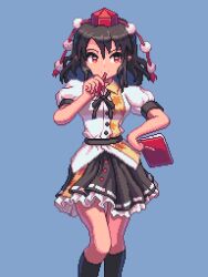 Rule 34 | 1girl, black hair, black skirt, black socks, blue background, breasts, brown eyes, collared shirt, cowboy shot, hand on own hip, holding, holding notebook, holding pen, looking to the side, medium breasts, notebook, orange shirt, pen, pixel art, potemki11, shameimaru aya, shirt, simple background, skirt, socks, solo, touhou, white shirt