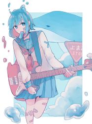 Rule 34 | 1girl, bandaid, bandaid on leg, blue eyes, blue sailor collar, blue skirt, borrowed character, choker, cider girl (haru57928031), cloud, food, foot out of frame, guitar, highres, holding, holding instrument, instrument, mouth hold, neckerchief, original, pleated skirt, popsicle, red neckerchief, sailor collar, sign, skirt, solo, tsucchiy, whale