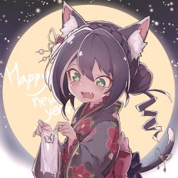 Rule 34 | 1girl, absurdres, alternate hairstyle, animal ear fluff, animal ears, black hair, black kimono, blush, cat ears, cat girl, cat ribbon, cat tail, fang, floral print, full moon, green eyes, hair ornament, hair stick, happy new year, highres, huge filesize, japanese clothes, karyl (new year) (princess connect!), karyl (princess connect!), kimono, mmhomm, moon, multicolored hair, new year, open mouth, princess connect!, solo, streaked hair, tail, tears, white hair