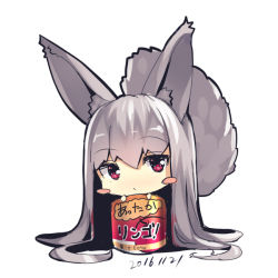 Rule 34 | 1girl, absurdly long hair, animal ears, blush stickers, chibi, closed mouth, dated, fox ears, fox girl, fox tail, hair between eyes, head tilt, in container, long hair, looking at viewer, original, red eyes, silver hair, simple background, solo, tail, very long hair, white background, yuuji (yukimimi)