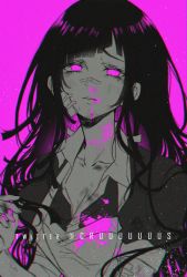 Rule 34 | 1girl, apron, artist name, bandages, blood, blood on clothes, breasts, cleavage, collarbone, criis-chan, danganronpa (series), danganronpa 2: goodbye despair, large breasts, long hair, mole, mole under eye, nosebleed, pink background, pink blood, pink eyes, puffy short sleeves, puffy sleeves, short sleeves, simple background, tsumiki mikan, twitter username
