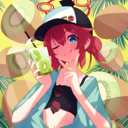 Rule 34 | 1girl, :q, alternate costume, baseball cap, blue archive, blue eyes, blush, collarbone, cup, disposable cup, drinking straw, eyewear hang, unworn eyewear, hair bun, halo, hat, highres, holding, maki (blue archive), makolas97, one eye closed, open clothes, palm tree, red hair, shirt, sidelocks, smiley face, solo, swimsuit, tongue, tongue out, tree, v
