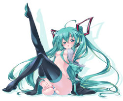 Rule 34 | 1girl, aqua hair, blush, breasts, censored, clothing aside, hatsune miku, kuzuryuu kennosuke, leg up, long hair, necktie, open clothes, open mouth, open shirt, panties, panties aside, pussy, pussy juice, shirt, solo, spread pussy, thighhighs, twintails, underwear, very long hair, vocaloid