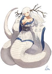 Rule 34 | 1girl, breasts, cleavage, full body, head tilt, highres, horns, japanese clothes, kimono, lamia, lansane, long hair, looking at viewer, medium breasts, monster girl, obi, off shoulder, original, red eyes, sash, scales, signature, simple background, sleeves past fingers, sleeves past wrists, smile, solo, white background, white hair, wide sleeves