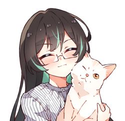 Rule 34 | 1girl, animal, blush, brown hair, cat, closed eyes, closed mouth, glasses, green hair, grey shirt, holding, holding animal, holding cat, kukie-nyan, long hair, multicolored hair, original, shirt, simple background, smile, solo, striped clothes, striped shirt, two-tone hair, upper body, white background, white cat