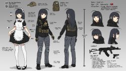 Rule 34 | 1girl, ahoge, ass, assault rifle, backpack, bag, black hair, blue eyes, blunt bangs, blunt ends, blush, breasts, character age, character sheet, color guide, english text, full body, gloves, grey background, gun, handgun, hat, highres, holster, holstered, jacket, long hair, looking at viewer, magazine (weapon), maid, maid headdress, multiple views, ndtwofives, open mouth, original, palette (object), pants, pistol, bulletproof vest, rifle, shoes, simple background, smile, standing, teeth, thighhighs, tongue, weapon