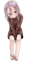 Rule 34 | 1girl, absurdres, barefoot, between legs, black shorts, blush, braid, brown eyes, brown sweater, closed mouth, commentary request, full body, hair between eyes, hair over shoulder, hand between legs, head tilt, highres, long hair, long sleeves, looking at viewer, parted bangs, purple hair, ribbed sweater, short shorts, shorts, simple background, sitting, sleeves past wrists, smile, solo, soredemo ayumu wa yosetekuru, sweater, turtleneck, turtleneck sweater, twin braids, white background, yamamoto souichirou, yaotome urushi