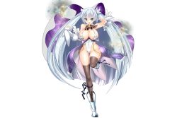 Rule 34 | 1girl, aqua eyes, arm guards, bare shoulders, black legwear, boots, breasts, cleavage, flower knight girl, full body, highleg, highleg leotard, large breasts, leg up, leotard, long hair, open mouth, otogi yuugi, silver hair, smile, solo, southern cross (flower knight girl), sparkle, transparent background, very long hair