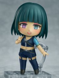 Rule 34 | 1girl, absurdres, black pantyhose, black shorts, blunt bangs, blush, character request, chibi, crop top, faux figurine, fishnet thighhighs, fishnets, full body, garter straps, green eyes, green hair, heterochromia, highres, indie virtual youtuber, looking at viewer, nendoroid, open mouth, pantyhose, purple eyes, second-party source, shiori2525, short hair, shorts, smile, solo, tan, teeth, thighhighs, upper teeth only, virtual youtuber, zipper