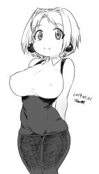 Rule 34 | 1girl, breasts, closed mouth, dated, earrings, greyscale, high-waist skirt, jewelry, large breasts, looking at viewer, medarot, medarotter rintarou!, monochrome, pantyhose, parted bangs, pencil skirt, satou tamao, shirt, short hair, signature, simple background, skirt, sleeveless, sleeveless shirt, smile, solo, suspender skirt, suspenders, tsukudani (coke-buta), white background, white shirt