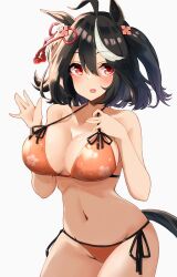 Rule 34 | 1girl, ahoge, animal ears, bare arms, bare shoulders, bikini, black hair, blue background, blush, breasts, cleavage, commentary request, cowboy shot, gradient background, groin, hair between eyes, hands up, highres, horse ears, horse girl, horse tail, kitasan black (umamusume), komb, large breasts, looking at viewer, multicolored hair, navel, open mouth, orange bikini, red eyes, short hair, solo, standing, stomach, strap gap, streaked hair, swimsuit, tail, umamusume, white background, white hair