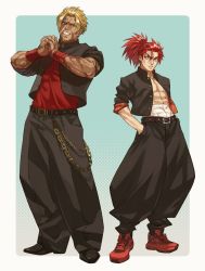 Rule 34 | 2boys, abs, alternate costume, baggy pants, bandages, belt, beowulf (fate), black eyes, blonde hair, coat, cracking knuckles, fate/grand order, fate (series), full body, hands in pockets, highres, li shuwen (fate), li shuwen (young) (fate), long hair, looking at viewer, male focus, multiple boys, muscular, open clothes, open coat, pants, parted bangs, pectorals, ponytail, red eyes, red footwear, red hair, renga2250, scar, short hair, spiked hair, standing, toned, toned male