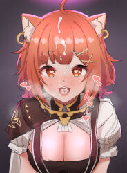 Rule 34 | 1girl, after fellatio, ahoge, animal ears, black shirt, blush, breasts, censored, cleavage, cum, cum in mouth, cum on hair, cum on tongue, erection, facial, fang, female focus, framed breasts, fur-trimmed sleeves, fur trim, hair ornament, heart, heart-shaped pupils, highres, large breasts, looking at viewer, mitarashinejiri, nijisanji, nose blush, open mouth, orange eyes, pointless censoring, puffy short sleeves, puffy sleeves, ratna petit, ratna petit (1st costume), red hair, red panda ears, red panda girl, shirt, short hair, short sleeves, suspenders, symbol-shaped pupils, upper body, virtual youtuber, white shirt, x hair ornament