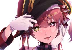 Rule 34 | + +, 1girl, absurdres, arrow through heart, bicorne, black hat, blush, collar, commentary, fangs, frilled collar, frills, gloves, hair between eyes, hair ribbon, hand on own face, hat, head tilt, heterochromia, highres, hololive, houshou marine, jacket, long hair, long sleeves, looking at viewer, open mouth, pirate hat, portrait, rainbow, red hair, red jacket, red ribbon, ribbon, simple background, smile, solo, sparkling eyes, twintails, uzaro5656, virtual youtuber, white background, white gloves