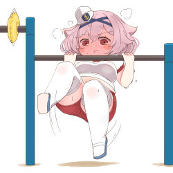 Rule 34 | 1girl, ass, aylwin (azur lane), azur lane, blush, blush stickers, breasts, chibi, closed mouth, commentary request, exercising, full-face blush, gym shirt, gym shorts, gym uniform, hairband, hat, highres, horoyuki (gumizoku), large breasts, manjuu (azur lane), midriff, muffin top, navel, pink hair, plump, pullups, red eyes, sailor hat, shirt, short sleeves, shorts, solo, sweat, thighhighs, thighs, trembling, wavy mouth, white thighhighs