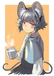 Rule 34 | 1girl, absurdres, animal ears, black dress, blue capelet, border, capelet, closed mouth, cup, dress, grey hair, highres, holding, holding cup, jitome, long sleeves, looking at viewer, mouse ears, mouse tail, nazrin, red eyes, reiga (act000), short hair, solo, tail, touhou, white border, yellow background