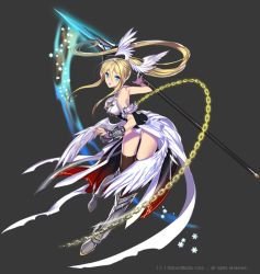 Rule 34 | 1girl, blonde hair, blue eyes, empew, gyakushuu no fantasica, holding, long hair, looking at viewer, official art, original, polearm, ponytail, simple background, solo, spear, very long hair, weapon, wings