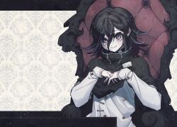 Rule 34 | 1boy, absurdres, black cape, black hair, buttons, cape, closed mouth, danganronpa (series), danganronpa v3: killing harmony, double-breasted, eyeegg, flipped hair, hair between eyes, highres, interlocked fingers, jacket, long sleeves, male focus, oma kokichi, purple hair, sitting, solo, upper body, white background, white jacket