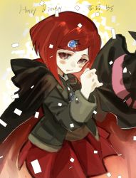Rule 34 | 1girl, black cape, black headwear, black jacket, black ribbon, blush stickers, cape, danganronpa (series), danganronpa v3: killing harmony, hair ornament, hat, highres, jacket, long sleeves, looking at viewer, multicolored background, neck ribbon, open clothes, open jacket, open mouth, pleated skirt, red cape, red hair, red skirt, ribbon, school uniform, shirt, short hair, skirt, smile, talesofmea, white background, witch hat, yumeno himiko