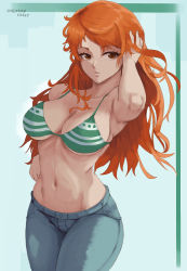 Rule 34 | 1girl, bikini, bikini top only, blue jeans, breasts, brown eyes, cleavage, denim, female focus, hand in own hair, hand on own head, highres, jeans, large breasts, long hair, looking at viewer, midriff, nami (one piece), navel, niksoncrazy, one piece, orange hair, pants, solo, swimsuit, tagme