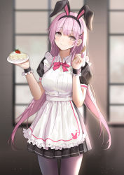 Rule 34 | 1girl, animal ears, apron, black dress, black hairband, black pantyhose, blurry, blurry background, brown eyes, cake, cake slice, closed mouth, collared dress, commentary request, depth of field, dress, fake animal ears, food, fork, frilled apron, frills, fruit, hair ornament, hairband, hairclip, hands up, head tilt, holding, holding fork, holding saucer, lloule, long hair, looking at viewer, original, pantyhose, pink hair, pleated dress, puffy short sleeves, puffy sleeves, rabbit ears, saucer, short sleeves, smile, solo, strawberry, very long hair, waist apron, white apron, wrist cuffs