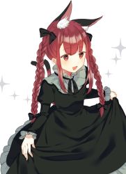 Rule 34 | 1girl, animal ear fluff, animal ears, bad id, bad twitter id, bow, braid, cat ears, cat tail, chieezuik, clothes lift, dress, extra ears, fang, frilled dress, frills, green dress, highres, kaenbyou rin, lifted by self, long hair, multiple tails, open mouth, puffy sleeves, red eyes, red hair, sidelocks, simple background, skirt, skirt lift, smile, solo, sparkle background, star (symbol), tail, touhou, twin braids, two tails, white background